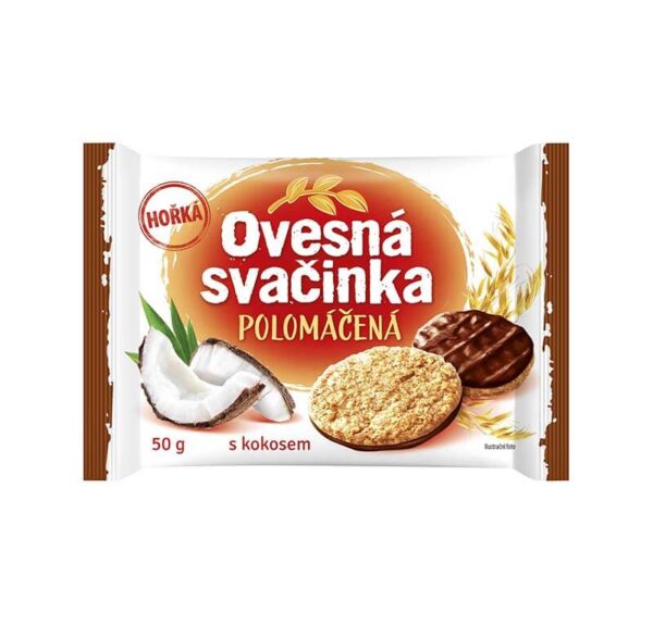 Ovesná svačinka polomáčená v hořké polevě s kokosem 50g